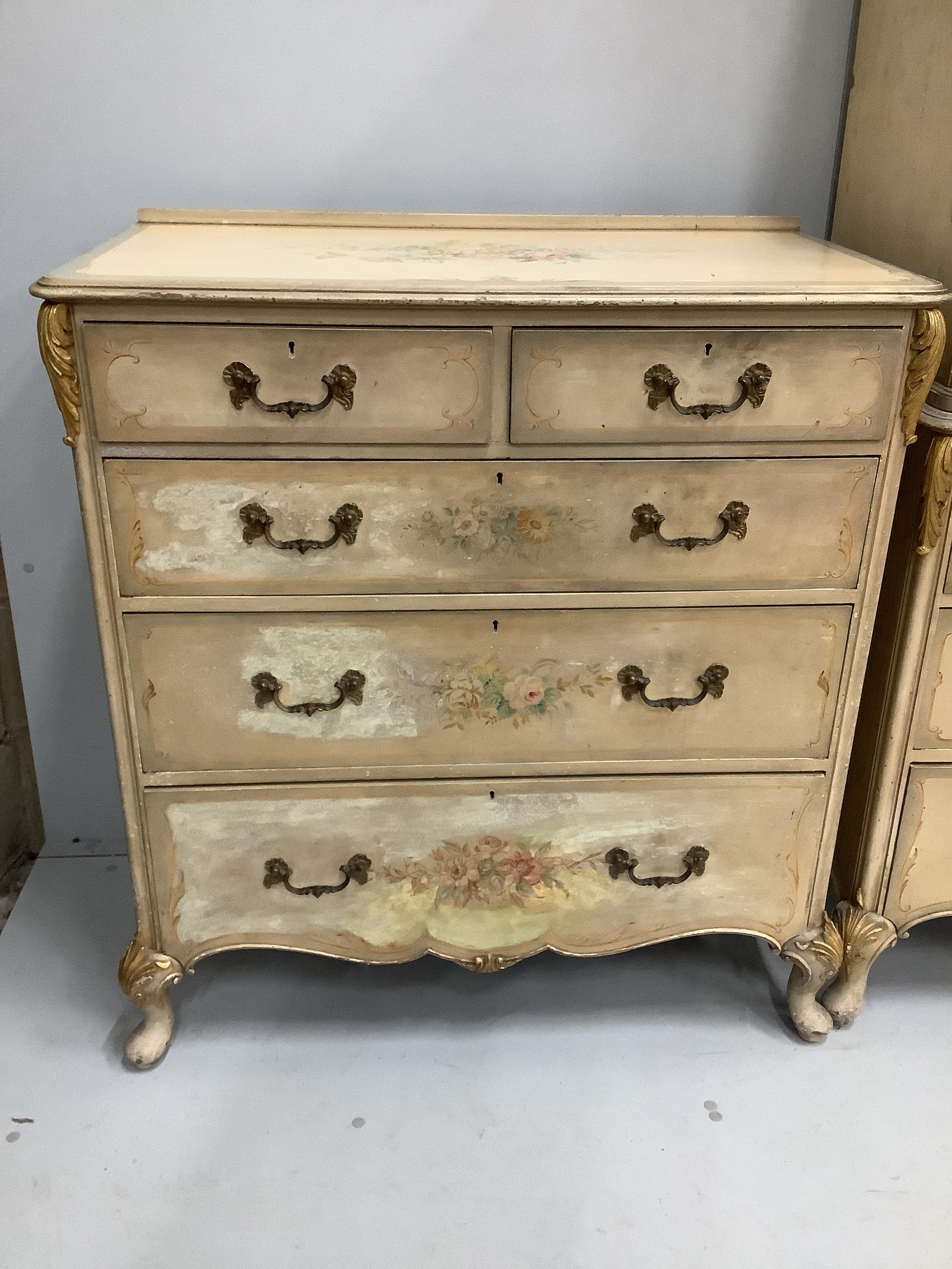 An 18th century style painted seven piece bedroom suite, comprising press cupboard, pair of bedside cabinets, kneehole dressing table, stool, chest of drawers and tub framed side chair
